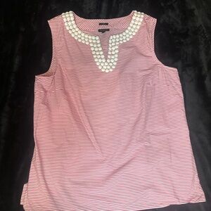 Talbots Pink and White Striped Blouse with Beaded Neckline